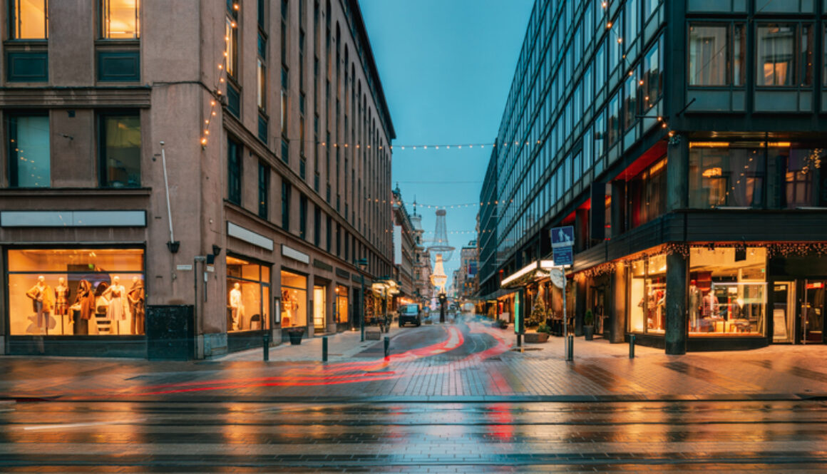 Helsinki, Finland. New Year Lights Xmas Christmas Decorations And Festive Illumination In Crossroad Of Aleksanterinkatu Street And Iso Roobertinkatu. Winter Christmas Holiday Season